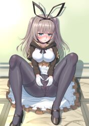 absurdres blunt_bangs blush breasts brown_hair closed_mouth commentary_request female girls_creation headband highres long_hair looking_at_viewer medium_breasts no_panties pantyhose pussy shoes simple_background sitting solo spread_pussy yamikota