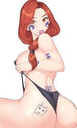 ass big_breasts body_paint boudica boudica_(rok) british british_female celt celtic condom_in_mouth dark_blue_panty koominneko orange_eyes panty_pull red_hair rise_of_kingdoms rok signature