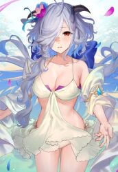 1girls :d ahoge alternate_costume bare_shoulders bare_thighs bikini blue_hair breasts cleavage collarbone eitr_(fire_emblem) facial_mark falling_petals female female_only fire_emblem fire_emblem_heroes grey_hair hair_over_one_eye haru_(nakajou-28) highres horns large_breasts long_hair looking_at_viewer multicolored_hair nintendo open_mouth petals reaching reaching_towards_viewer red_eyes see-through side-tie_bikini_bottom simple_background smile solo swimsuit thighs very_long_hair wavy_hair white_bikini white_swimsuit