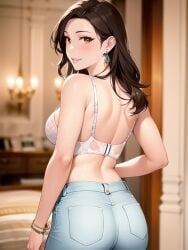 1girls ai_generated ai_mirror back_view blush bracelet brown_eyes brown_hair chandelier doorway dresser ear_piercing earrings jeans long_hair looking_back_at_viewer medium_ass medium_breasts smile white_bra white_skin