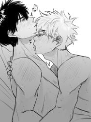 2boys blush gay gintama gintoki_sakata hijikata_toshiro implied_sex licking licking_neck male male_only monochrome neck_lick nude on_back on_bed profile sweat topless topless_male upper_body yaoi