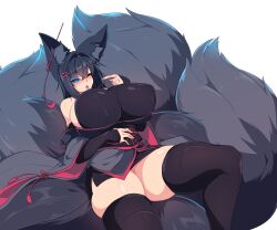 black_fur black_hair blue_eyes fox_ears fox_girl fox_tail huge_breasts inviting inviting_to_sex kiri_(sub-res) large_breasts lying open_mouth sideboob sub-res thick_thighs winking_at_viewer