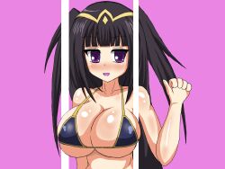 1girls bad_anatomy bad_hands bare_shoulders bikini bikini_top_only black_hair blush breasts breasts_squeezed_together cleavage commentary_request female female female_only fire_emblem fire_emblem_awakening fourth_wall large_breasts long_hair micro_bikini nintendo out_of_frame purple_eyes shiny_skin sideboob skindentation solo storeithuo swimsuit tharja_(fire_emblem) two_side_up underboob