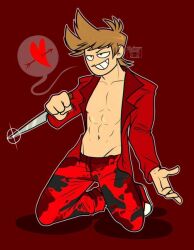 1boy abs artist_logo artist_name camouflage_pants eddsworld eli_johnson fuck_me_eyes holding_object humanoid knife knife_play looking_at_viewer male male_only muscles muscular_male no_visible_genitalia noseless on_knees pecs red_background red_clothing seductive_look smile smooth_skinned_male solo suggestive_gesture tord_(eddsworld)