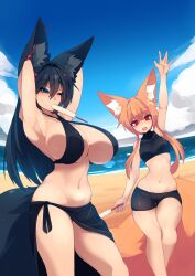 2019 2girls beach belly_button bikini black_fur black_hair flat_chest fox_ears fox_girl fox_tail ginger_hair kiri_(sub-res) large_breasts looking_at_viewer orange_fur orange_hair popsicle popsicle_in_mouth smiling smiling_at_viewer stomach sub-res suzu_(sub-res) tummy