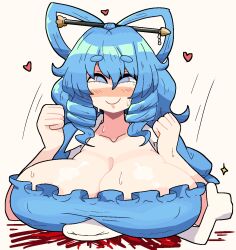 1boy 1boy1girl 1girls anon areolae_slip big_breasts blood blue_eyes blue_hair blush breasts cleavage clothed_female death_by_snoo_snoo doodle female hearts light-skinned_female male mature_female nipple_bulge nosebleed notnoe_(dxcl) request seiga_kaku sweat thumbs_up touhou white_background