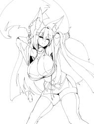 2018 armpit armpits black_and_white cute ear_tuft ear_tufts fox_ears fox_girl fox_tail foxgirl grabbing_tail holding_tail huge_breasts kiri_(sub-res) large_breasts looking_at_viewer no_color sketch smile smiling smiling_at_viewer sub-res thick_thighs thighhighs wholesome wink winking winking_at_viewer