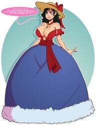 1girls bare_arms bare_shoulders black_hair blue_background brainwashed cleavage curvy curvy_body curvy_female curvy_figure dialogue dress english_text female female_only full_body genderswap_(mtf) large_breasts lipstick long_hair luffyko monkey_d_luffy no_bra one_piece princess_dress princessification rule_63 scar_on_chest scar_on_face scar_under_eye solo speech_bubble standing straw_hat transparent_background wrenzephyr2