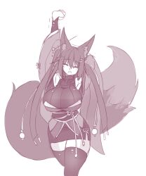 2018 armpit armpits black_and_white cute fox_ears fox_girl fox_tail greyscale huge_breasts kiri_(sub-res) large_breasts sketch sleepy stretching sub-res teary_eyes thick_thighs thighhighs tired wholesome