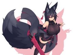 1girls 2018 armpit armpits black_fur black_hair blue_eyes blush blushing_at_viewer cast_shadow color ear_tuft ear_tufts female fox_ears fox_girl fox_tail foxgirl gentle huge_breasts kemonomimi kiri_(sub-res) kitsune large_breasts smile smiling smiling_at_viewer sub-res sword thick_thighs thighhighs white_background