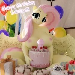 3d_(artwork) absurd_res animal_genitalia animal_penis anthro anthrofied balloon big_breasts breasts cake dessert dialogue digital_media_(artwork) english_text equid equine equine_genitalia equine_penis feathers fluttershy_(mlp) food friendship_is_magic ftg_crossgender fti_crossgender genitals gift gynomorph hair hasbro hi_res inflatable intersex loveslove mammal my_little_pony pegasus penis pink_hair rule_63 text wings yellow_body yellow_feathers