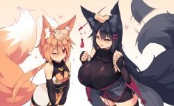 2018 2girls black_fur black_hair blue_eyes clothed clothed_female color cute disembodied_hand disembodied_hands flat_chest fox_ears fox_girl fox_tail fox_tails foxgirl head_pat headpat height_difference huge_breasts kiri_(sub-res) large_breasts patting patting_head red_eyes sideboob sub-res suzu_(sub-res) thick_thighs thighhighs wagging_tail wholesome