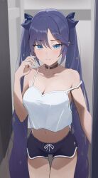 1girls black_choker blue_eyes blush breasts casual choker cleavage clothing edible_sus female female_only genshin_impact inviting looking_at_viewer medium_breasts midriff mona_(genshin_impact) open_door shorts smile solo strap_slip tank_top twintails