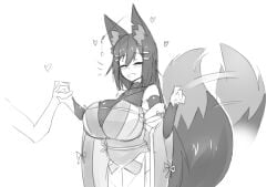 2017 blush clothed_female fox_ears fox_girl fox_tail hand_holding happy holding_hands huge_breasts kiri_(sub-res) large_breasts sketch smile smiling sub-res wagging_tail white_background wholesome