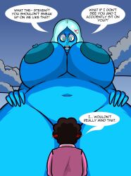 1boy1girl angry belly blue_diamond_(steven_universe) blue_hair blue_skin blush cartoon_network clothed diamond_authority gem_(species) giantess hands_on_hips huge_breasts huge_nipples larger_female max1mus nude staring_down steven_quartz_universe steven_universe thick_thighs