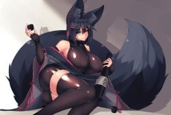 1girls 2020 armpit armpits black_fur black_hair blue_eyes color female fox_ears fox_girl fox_tail huge_breasts kiri_(sub-res) large_breasts laying_on_side looking_at_viewer lying lying_down lying_on_side sake sake_bottle shiny_clothes sideboob smile smiling smiling_at_viewer sub-res thick_ass thick_thighs thighhighs wink winking winking_at_viewer