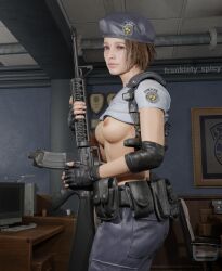 1girls 3d asian asian_female beret blender blue_eyes bob_cut breasts breasts_out brown_hair capcom clothing female female_focus female_only firearm frankiely_spicy gun handwear headwear human indoor indoors inside jill_valentine jill_valentine_(sasha_zotova) leather leather_gloves leather_harness leather_straps looking_at_viewer naked naked_female nipples nude nude_female pale-skinned_female pale_skin pinup police police_hat police_officer police_uniform policewoman resident_evil resident_evil_3 resident_evil_3_remake rifle shirt shirt_lift shirt_up short_hair smile smiling smiling_at_viewer stare staring staring_at_viewer tease teasing teasing_viewer trigger_discipline weapon