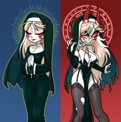 blonde_hair blush breasts centinel303 charlie_morningstar_(hazbin_hotel) cleavage closed_eyes collar demon demon_form demon_girl dress female gloves hands_together hazbin_hotel horns necklace nun nun's_habit nun_outfit red_eyes sharp_teeth smile stockings tagme torn_clothes voluptuous wide_hips