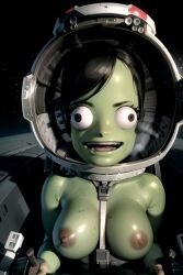 1girls :d absolutely_fucking_terrifying ai_generated black_eyes black_hair breasts colored_skin female female_only green_skin helmet kerbal kerbal_space_program medium_breasts mole mole_on_breast nightmare_fuel nipples nude nude_female open_mouth short_hair smile solo space space_helmet spacecraft spaceship spacesuit upper_body wide-eyed wide_eyed