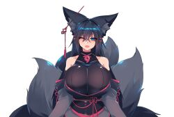 1girls black_fur black_hair blue_eyes fox_ears fox_girl fox_tail huge_breasts kiri_(sub-res) large_breasts smiling smiling_at_viewer sub_res white_background winking winking_at_viewer