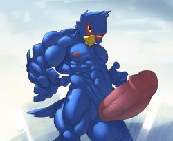 anthro avian bird blue_body building erection falco_lombardi genitals hi_res macro male muscular muscular_male nintendo penis solo star_fox tuqoo