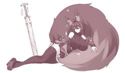 1girls 2019 alternate_version_at_source alternate_version_available big_tail closed_eyes clothed clothed_female curvy cute feet female fox_ears fox_girl fox_tail foxgirl huge_breasts kiri_(sub-res) large_breasts laying_down lying lying_on_side resting sketch smile smiling sub-res sword thick_thighs thighhighs white_background wholesome