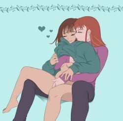 2girls bottomless brown_hair clothed_female digimon digimon_tamers fingering groping groping_from_behind hearts hoodie juri_katou lesbian looking_at_partner looking_pleasured multiple_girls partially_clothed red_hair rika_nonaka ruki_makino simple_background sitting_on_lap sweater valtren yuri