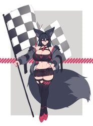 1girls abstract_background belly belly_button black_fur black_hair boob_window flag fox_ears fox_girl fox_tail g-string high_heels huge_breasts jacket kiri_(sub-res) large_breasts light-skinned_female light_skin looking_at_viewer miniskirt race_queen smiling smiling_at_viewer stomach sub-res thick_thighs thong winking_at_viewer