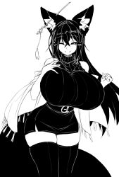 black_and_white black_hair dress female fox_ears fox_girl huge_breasts kiri_(sub-res) large_breasts smiling smiling_at_viewer stockings sub-res sweater sweater_dress thick_thighs wholesome winking_at_viewer