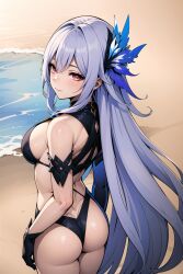 ai_generated alternate_costume ass bare_shoulders bikini blush breasts dimples_of_venus female from_above from_behind genshin_impact gloves hair_ornament large_breasts long_hair looking_at_viewer looking_back looking_up red_eyes shiny shiny_hair shiny_skin sideboob silver_hair skirk_(genshin_impact) smile solo swimsuit very_long_hair