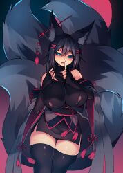 1girls 2018 alternate_version_available aroused aroused_smile black_fur black_hair blue_eyes blush blushing_at_viewer clothed clothed_female finger_over_mouth fox_ears fox_girl fox_tail horny horny_female huge_breasts in_heat kiri_(sub-res) large_breasts looking_at_viewer smiling smiling_at_viewer sub-res thick_thighs thighhighs