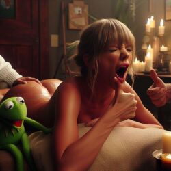 1girls ai_generated ass ass_grab blonde_hair celebrity dall-e3 filming grabbing_ass kermit_the_frog massage massage_oil massage_table muppets naked nude oil puppet real_person sesame_street squeezing_butt stable_diffusion tagme taylor_swift the_muppet_show thumbs_up