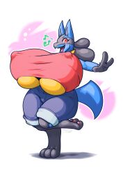 3_fingers anthro big_ass big_breasts black_body black_fur black_hair blue_body blue_fur breasts breasts_bigger_than_head canid canine clothed clothing day-t erect_nipples female female_only fingers fur generation_4_pokemon hair huge_ass huge_breasts hyper hyper_breasts lucario mammal nintendo nipples_visible_through_clothing no_bra open_mouth open_smile pokémon_(species) pokemon pokemon_(species) red_eyes smile solo spikes tail underboob