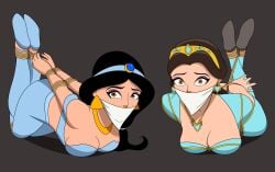 aladdin aladdin_(1992_disney_film) aladdin_(2019_disney_film) alternate_costume bennypaan bondage cleave_gag crossover disney disney_princess gag gagged harem_outfit hogtie princess_jasmine restrained