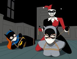 3girls batgirl batman_(series) bennypaan bondage catwoman dc dc_comics female female_only femdom femsub gag gagged harley_quinn harley_quinn_(classic) multiple_girls restrained rope_bondage tied_up