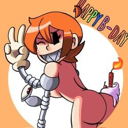 aged_up ass birthday breasts looking_at_viewer looking_back nipples orange_hair peacock_(skullgirls) sharp_teeth simp_tale skullgirls wink