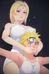 acl_noraai ai_generated artist_name blonde_hair blue_eyes brown_eyes choke_hold covered_nipples femdom from_below headband huge_breasts large_breasts light_particles looking_at_viewer naruto naruto_(series) towel tsunade uzumaki_naruto watermark wrestling