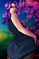 1girls abigail_(stardew_valley) back clothed flower flower_in_mouth looking_at_viewer looking_back marikoneko marikoneko0 purple_hair stardew_valley