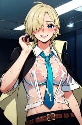 ai_generated artist_request black_suit blonde_hair blue_eyes blush clothing cum female female_only hair_over_one_eye medium_breasts necktie one_piece rule_63 sanji short_hair skirt smile solo vinsmoke_sanji wet wet_clothes