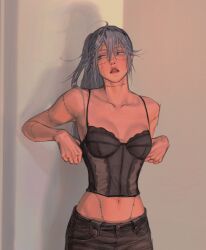 adjusting_bra bustier curvy_figure female genderswap_(mtf) heterochromia highers jujutsu_kaisen looking_away mahito_(jujutsu_kaisen) ponytail rule63 standing stiches wengwengchim