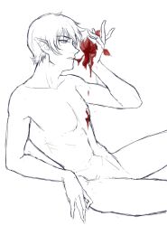 1boy 2010s adventure_time anime_style belly belly_button blood cartoon_network dripping eating eating_food fangcovenly fangs marshall_lee nude nude_male portrait relaxing rough_sketch short_hair sitting solo solo_male thighs vampire white_background