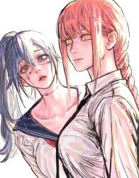 2girls blue_sailor_collar chainsaw_man collarbone company_connection crazy_eyes formal_wear genderswap_(mtf) heterochromia highres jujutsu_kaisen looking_at_viewer mahito_(jujutsu_kaisen) makima_(chainsaw_man) mappa ponytail red_hair red_necktie rule63 sailor_uniform school_uniform shounen_jump shueisha stiches tie trait_connection weekly_shonen_jump wengwengchim