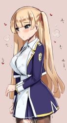 1girls after_masturbation areolae areolae_visible_through_clothing aroused azur_lane blonde_hair blue_eyes blush breasts clothed clothing eyebrows_visible_through_hair female female_only heart light-skinned_female light_skin nipple_bulge nipples nipples_visible_through_clothing royal_navy_(azur_lane) solo squirt squirt_on_face sussex_(azur_lane) takaoka_nanase