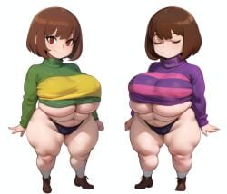 2d 2girls ai_generated belly big_breasts bottomless breasts brown_hair chara chubby closed_eyes color creamballz duo expressionless female female_only forastero_(style) frisk huge_ass huge_breasts human human_female kunaboto_(style) large_breasts long_sleeves looking_at_viewer midget panties plump red_eyes seeater shoes short_hair shortstack smiling socks straight_bangs striped_sweater sweater underboob undertale undertale_(series)