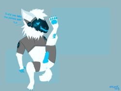 2023 anthro arc(shackht) arc_(shackht) ass balls blush digital_drawing_(artwork) digital_media_(artwork) embarrassed english_text fur genitals hi_res knot machine male nude penis protogen shackht simple_background solo tail text white_body white_fur