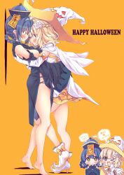 &gt;_o 2girls ;d against_wall bare_legs barefoot blonde_hair blue_dress blue_hair blush braid breasts brown_eyes cape chibi dress furutani_himawari ghost_hair_ornament halloween hands_on_another&#039;s_back happy_halloween hat jack-o&#039;-lantern_cutout jiangshi_costume knee_in_crotch large_breasts looking_at_another medium_hair multiple_girls oerba_yun_fang one_eye_closed oomuro_sakurako orange_background pointy_footwear skin_fang smile standing takahero tiptoes white_cape white_dress white_footwear white_headwear witch_hat yellow_eyes yuri yuru_yuri