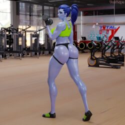 1girls 3d abs amelie_lacroix ass big_ass big_breasts black_fingernails black_nails black_thong blizzard_entertainment blue_hair braided_ponytail elbow_sleeve female female_only fit fit_female gym looking_at_viewer mirror muscular muscular_female muscular_thighs no_pants oiled oiled_skin oily overwatch overwatch_2 ponytail purple-skinned_female purple_skin solo solo_female sports_bikini sports_bra sports_panties tattoo tattoo_on_stomach thick_thighs thong thunder_thighs vonsvaigen wide_hips widowmaker yellow_eyes