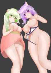 2girls animal_ears braid breasts clothing dress dress_lift face_markings green_eyes green_hair kemonomimi laimu mostly_nude multiple_girls no_panties purple_eyes purple_hair pussy short_hair squchan_(vtuber) uncensored virtual_youtuber vyugen