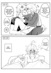 1boy 1girls aether_(genshin_impact) after_sex bed bedroom black_and_white comic_page dialogue drawing funny furina_(genshin_impact) genshin_impact long_hair mihoyo niwasa_izuna pleasure_face sleeping straight text