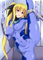 blonde_hair blue_bodysuit blush bodysuit breasts cameltoe covered_erect_nipples covered_navel fate_testarossa female hair_ribbon large_breasts long_hair lyrical_nanoha magical_girl mahou_shoujo_lyrical_nanoha_strikers mokichi_(nvzy3n) numbers&#039;_uniform numbers_(nanoha) open_mouth red_eyes skin_tight solo standing_split uniform